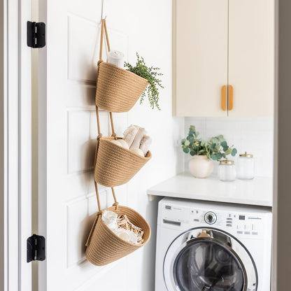 3-Tier Over the Door Hanging Basket (Set of 2) Adjustable, Detachable Woven Storage Baskets with Wall and Door Hooks - Decorative Boho Organizer for Nursery, Playroom, Bedroom, Kitchen, Apartment