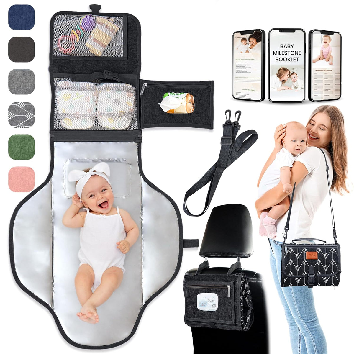 Portable Changing Pad for Baby, Travel Diaper Changing Pad for Newborn, Large Waterproof Baby Changing Mat, Foldable & Detachable Diaper Changing Station with Baby Wipes Pockets, Baby Stuff