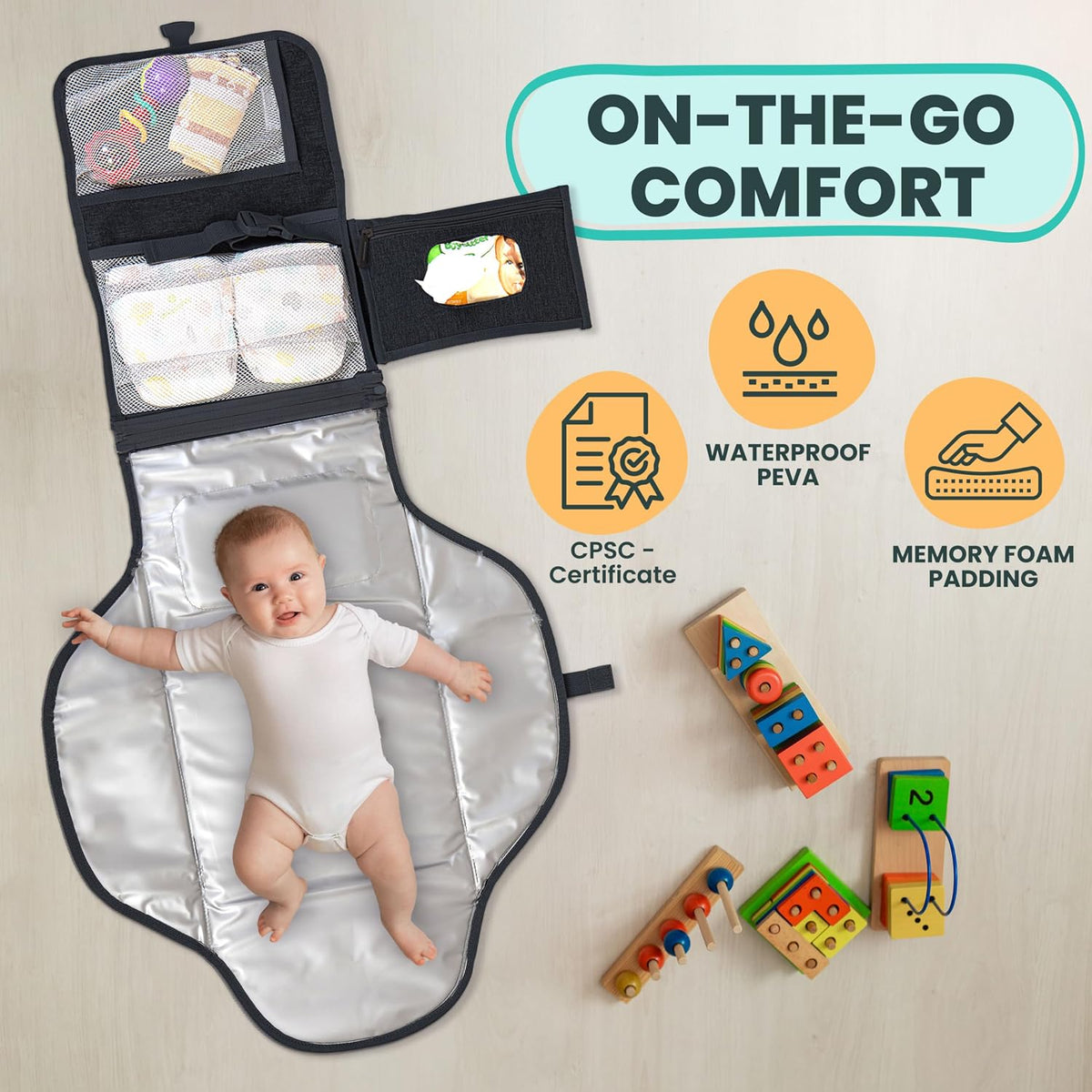Portable Changing Pad for Baby, Travel Diaper Changing Pad for Newborn, Large Waterproof Baby Changing Mat, Foldable & Detachable Diaper Changing Station with Baby Wipes Pockets, Baby Stuff