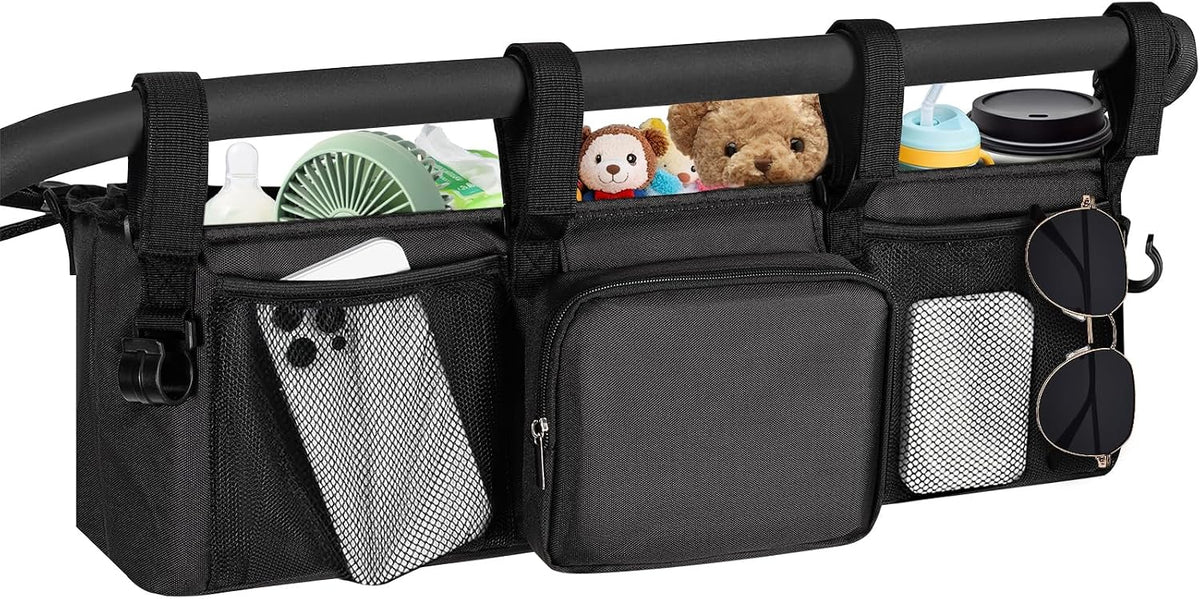 Double Stroller Organizer for Bob Duallie and Baby Jogger City Mini GT2, Double Baby Stroller Accessories with 2 Cooler Pockets, Parent Console Double Jogging Stroller Caddy with Zipper Bag(Bag Only)