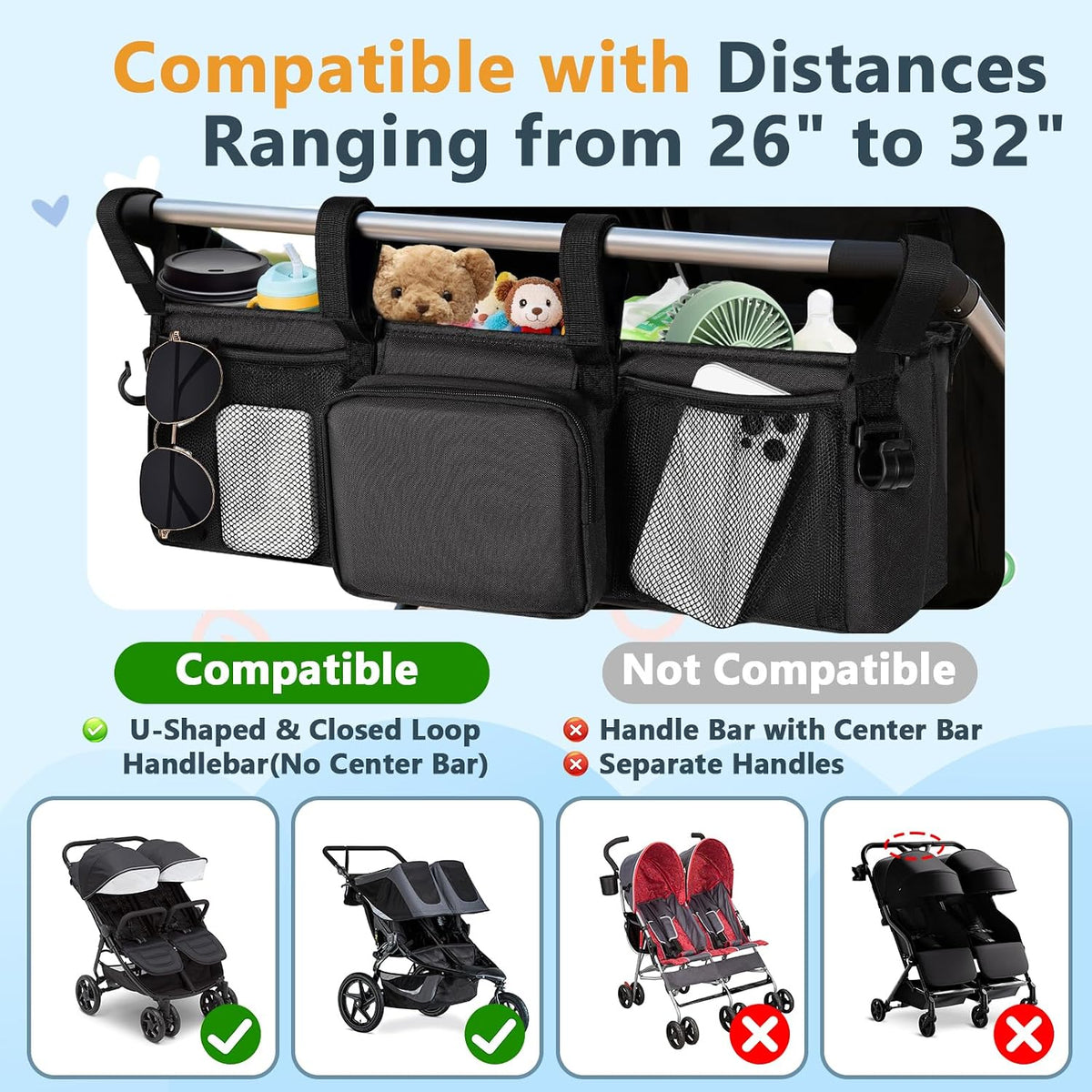 Double Stroller Organizer for Bob Duallie and Baby Jogger City Mini GT2, Double Baby Stroller Accessories with 2 Cooler Pockets, Parent Console Double Jogging Stroller Caddy with Zipper Bag(Bag Only)