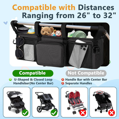 Double Stroller Organizer for Bob Duallie and Baby Jogger City Mini GT2, Double Baby Stroller Accessories with 2 Cooler Pockets, Parent Console Double Jogging Stroller Caddy with Zipper Bag(Bag Only)