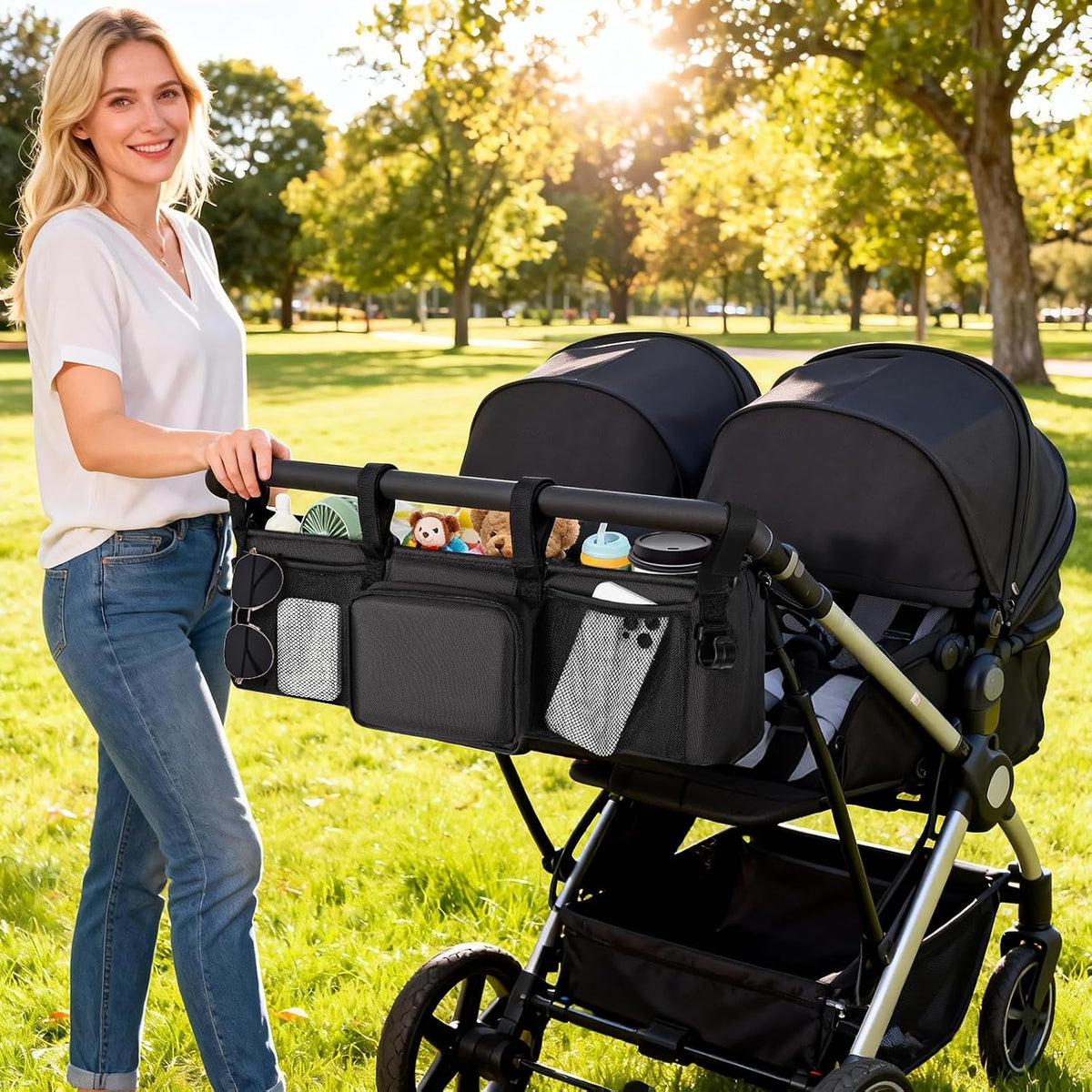 Double Stroller Organizer for Bob Duallie and Baby Jogger City Mini GT2, Double Baby Stroller Accessories with 2 Cooler Pockets, Parent Console Double Jogging Stroller Caddy with Zipper Bag(Bag Only)