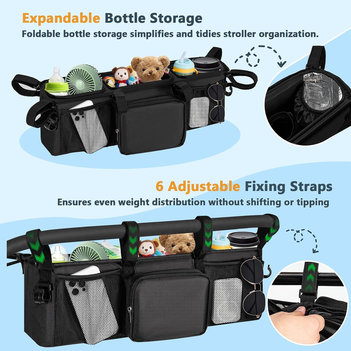 Double Stroller Organizer for Bob Duallie and Baby Jogger City Mini GT2, Double Baby Stroller Accessories with 2 Cooler Pockets, Parent Console Double Jogging Stroller Caddy with Zipper Bag(Bag Only)