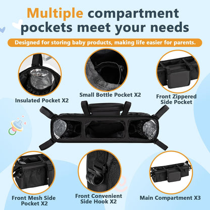 Double Stroller Organizer for Bob Duallie and Baby Jogger City Mini GT2, Double Baby Stroller Accessories with 2 Cooler Pockets, Parent Console Double Jogging Stroller Caddy with Zipper Bag(Bag Only)