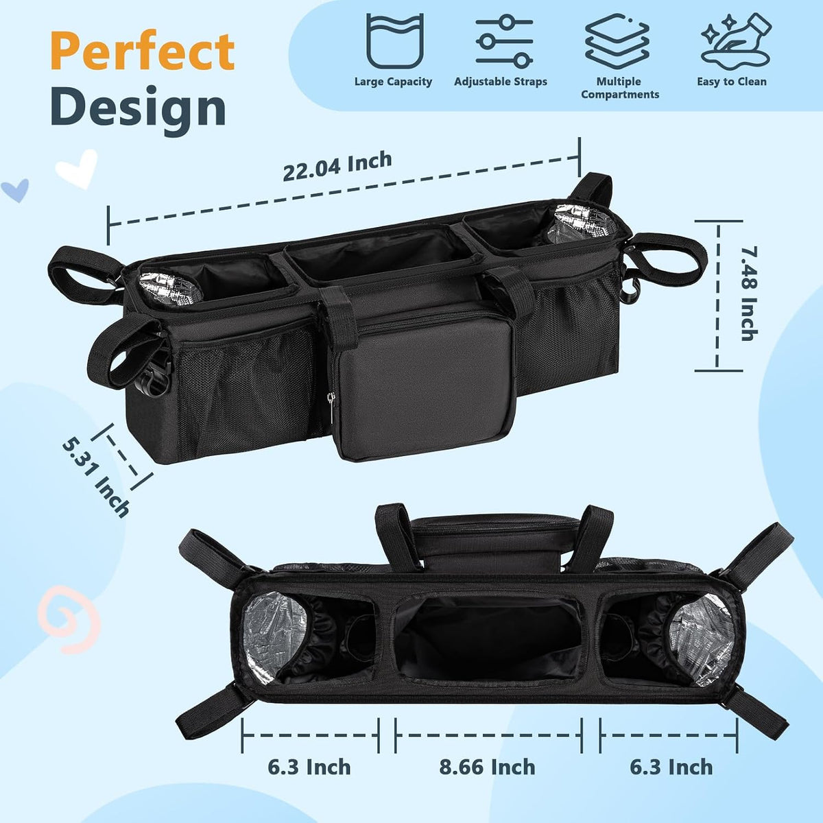 Double Stroller Organizer for Bob Duallie and Baby Jogger City Mini GT2, Double Baby Stroller Accessories with 2 Cooler Pockets, Parent Console Double Jogging Stroller Caddy with Zipper Bag(Bag Only)
