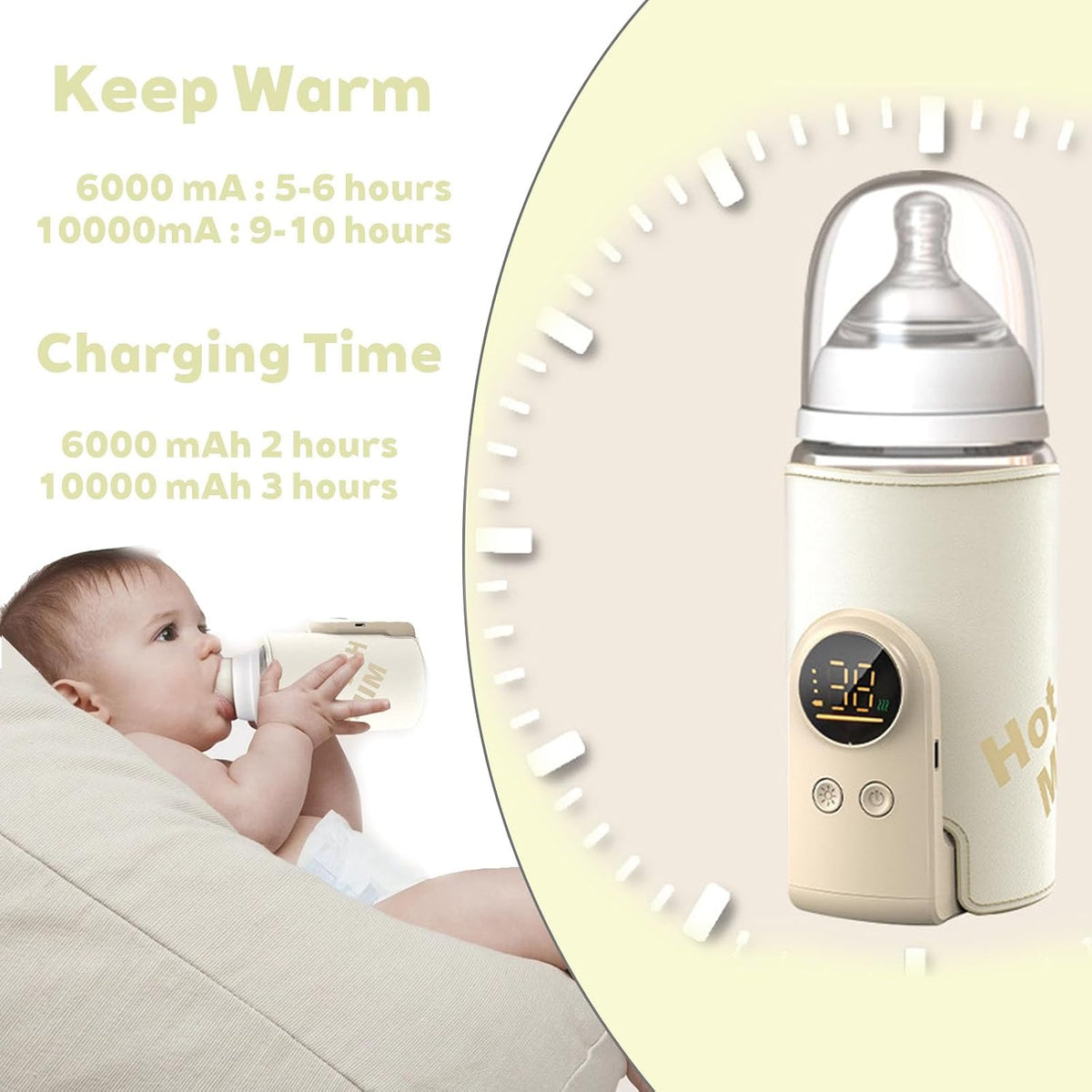 Portable Bottle Warmer for Travel, Comfortable Bottle Warmer on the go, Rapid Warming,Long-Lasting Warming up to 6-10H