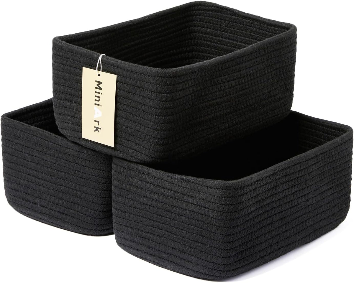 MiniArk Small Storage Baskets for Organizing | Closet Organizer Bins | Shelf Toy Basket | Woven Rope Baskets | Cube Decorative Box | Shallow Basket | 11.5x7.5x4.7” | 3 Packs Light Pink