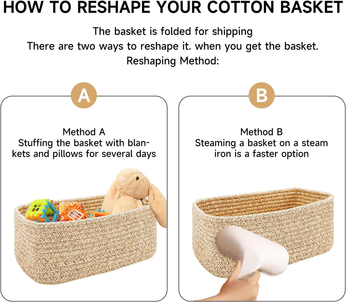 MiniArk Small Storage Baskets for Organizing | Closet Organizer Bins | Shelf Toy Basket | Woven Rope Baskets | Cube Decorative Box | Shallow Basket | 11.5x7.5x4.7” | 3 Packs Light Pink