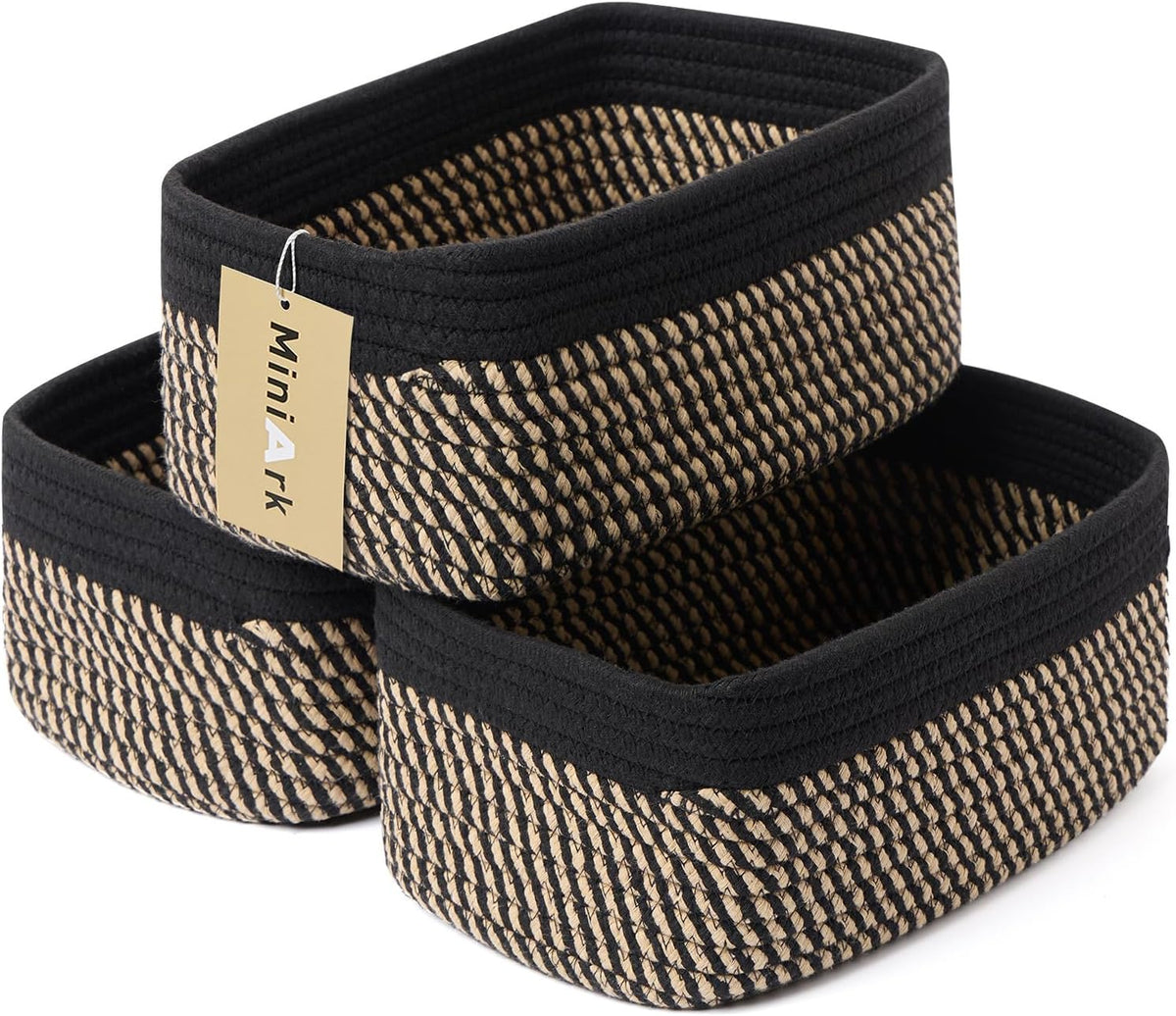 MiniArk Small Storage Baskets for Organizing | Closet Organizer Bins | Shelf Toy Basket | Woven Rope Baskets | Cube Decorative Box | Shallow Basket | 11.5x7.5x4.7” | 3 Packs Light Pink