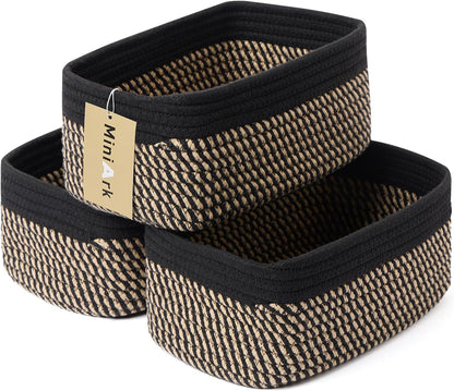 MiniArk Small Storage Baskets for Organizing | Closet Organizer Bins | Shelf Toy Basket | Woven Rope Baskets | Cube Decorative Box | Shallow Basket | 11.5x7.5x4.7” | 3 Packs Light Pink