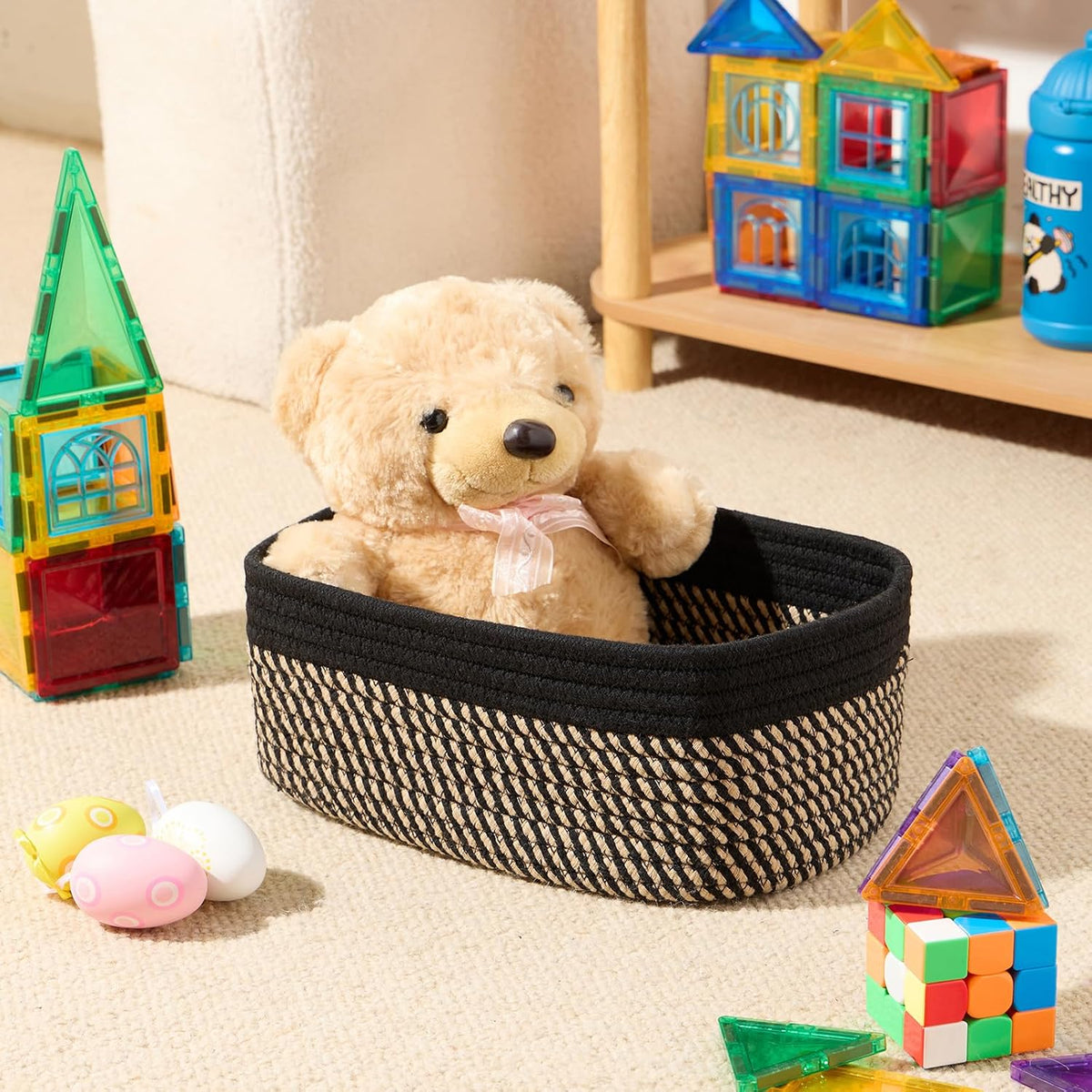 MiniArk Small Storage Baskets for Organizing | Closet Organizer Bins | Shelf Toy Basket | Woven Rope Baskets | Cube Decorative Box | Shallow Basket | 11.5x7.5x4.7” | 3 Packs Light Pink