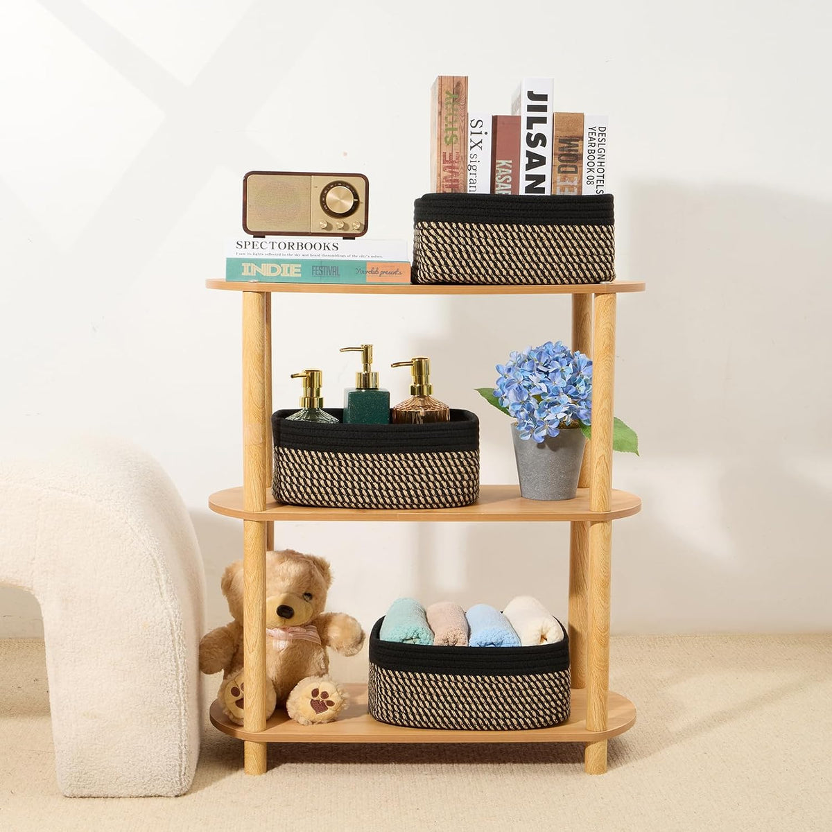 MiniArk Small Storage Baskets for Organizing | Closet Organizer Bins | Shelf Toy Basket | Woven Rope Baskets | Cube Decorative Box | Shallow Basket | 11.5x7.5x4.7” | 3 Packs Light Pink