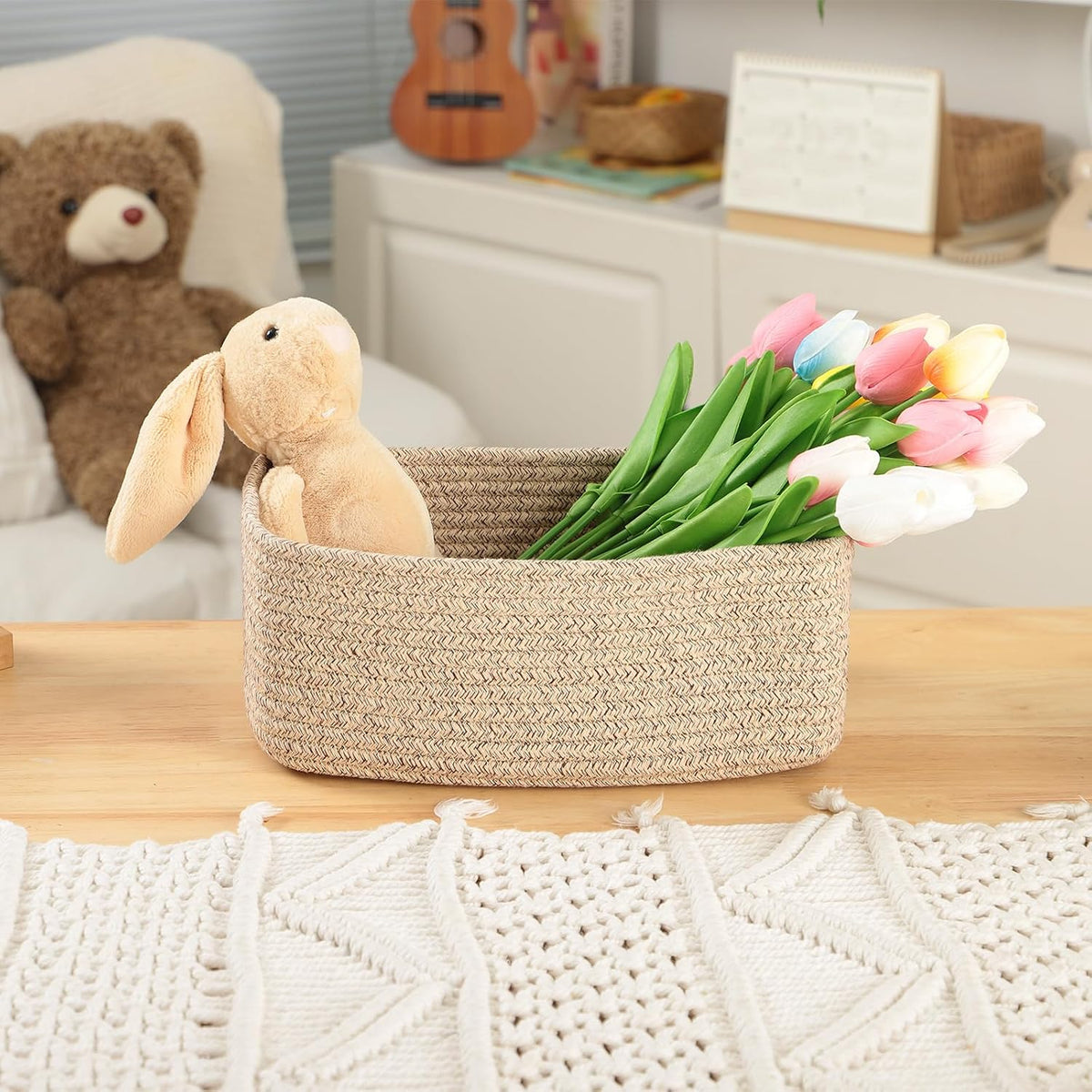 MiniArk Small Storage Baskets for Organizing | Closet Organizer Bins | Shelf Toy Basket | Woven Rope Baskets | Cube Decorative Box | Shallow Basket | 11.5x7.5x4.7” | 3 Packs Light Pink