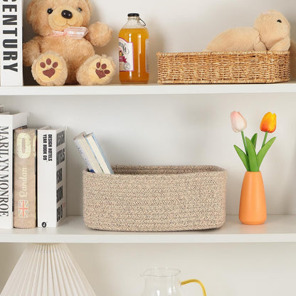 MiniArk Small Storage Baskets for Organizing | Closet Organizer Bins | Shelf Toy Basket | Woven Rope Baskets | Cube Decorative Box | Shallow Basket | 11.5x7.5x4.7” | 3 Packs Light Pink