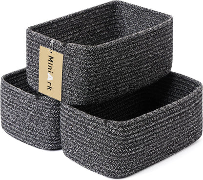 MiniArk Small Storage Baskets for Organizing | Closet Organizer Bins | Shelf Toy Basket | Woven Rope Baskets | Cube Decorative Box | Shallow Basket | 11.5x7.5x4.7” | 3 Packs Light Pink