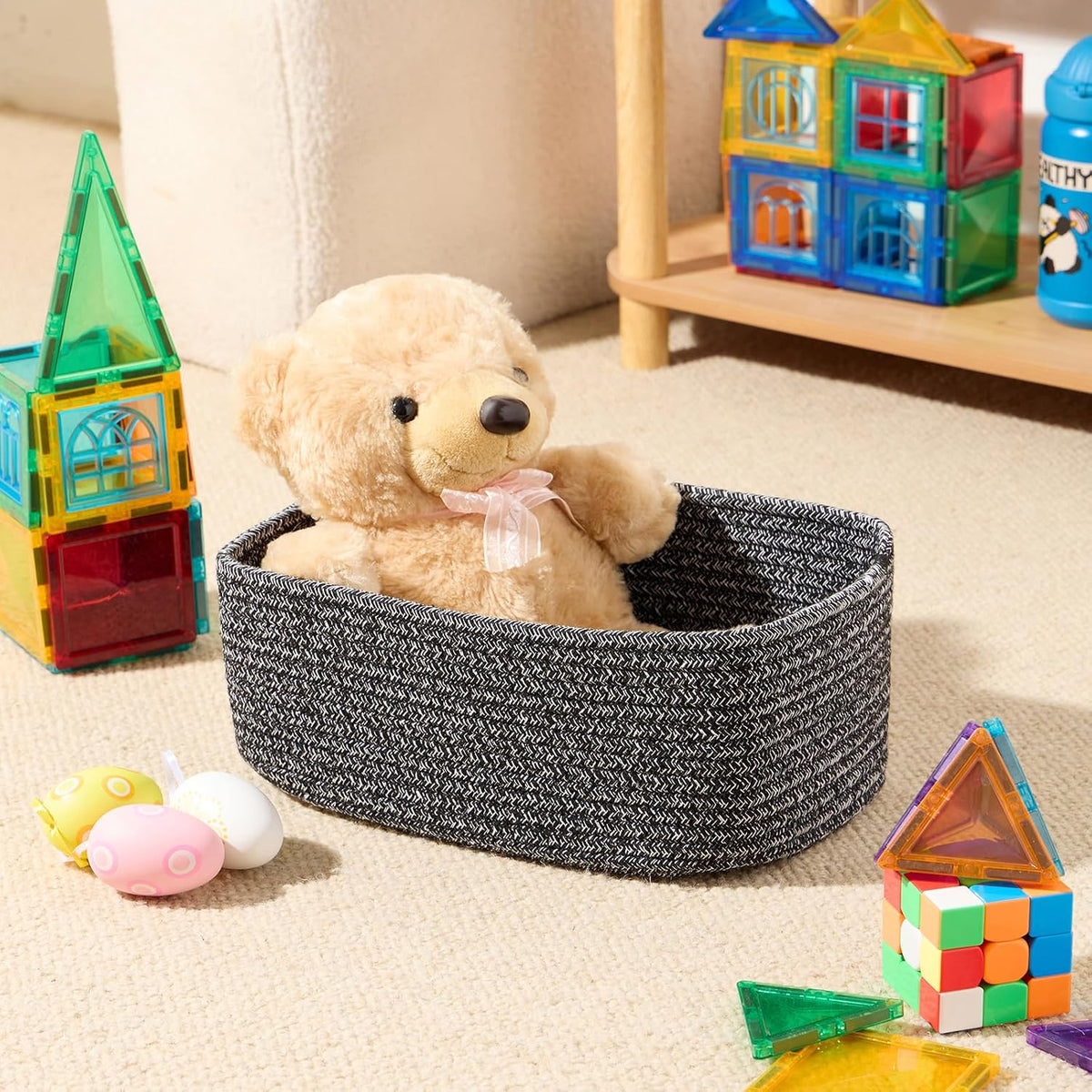 MiniArk Small Storage Baskets for Organizing | Closet Organizer Bins | Shelf Toy Basket | Woven Rope Baskets | Cube Decorative Box | Shallow Basket | 11.5x7.5x4.7” | 3 Packs Light Pink