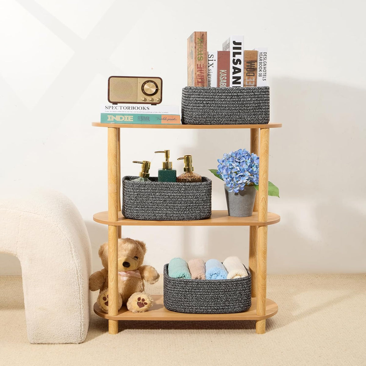 MiniArk Small Storage Baskets for Organizing | Closet Organizer Bins | Shelf Toy Basket | Woven Rope Baskets | Cube Decorative Box | Shallow Basket | 11.5x7.5x4.7” | 3 Packs Light Pink
