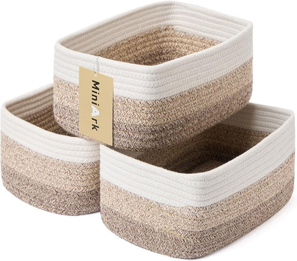 MiniArk Small Storage Baskets for Organizing | Closet Organizer Bins | Shelf Toy Basket | Woven Rope Baskets | Cube Decorative Box | Shallow Basket | 11.5x7.5x4.7” | 3 Packs Light Pink