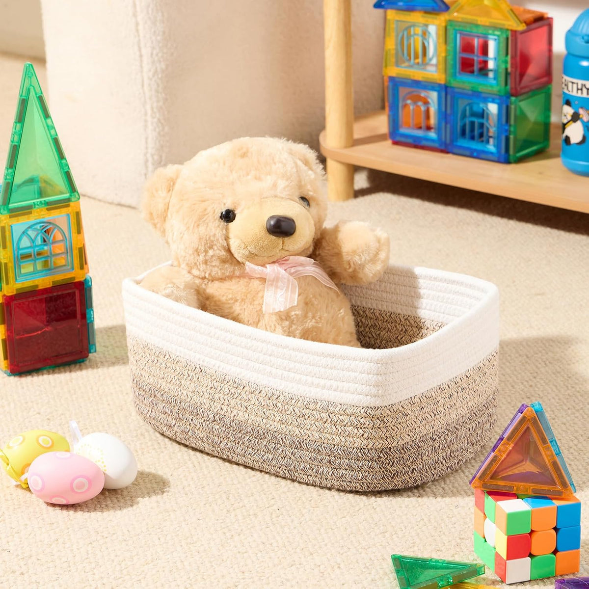 MiniArk Small Storage Baskets for Organizing | Closet Organizer Bins | Shelf Toy Basket | Woven Rope Baskets | Cube Decorative Box | Shallow Basket | 11.5x7.5x4.7” | 3 Packs Light Pink
