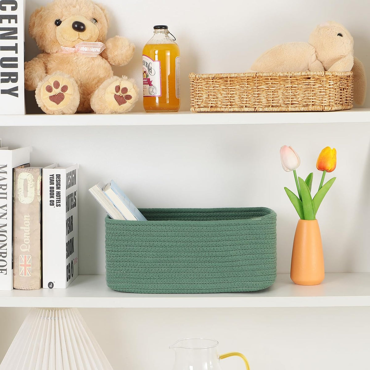 MiniArk Small Storage Baskets for Organizing | Closet Organizer Bins | Shelf Toy Basket | Woven Rope Baskets | Cube Decorative Box | Shallow Basket | 11.5x7.5x4.7” | 3 Packs Light Pink