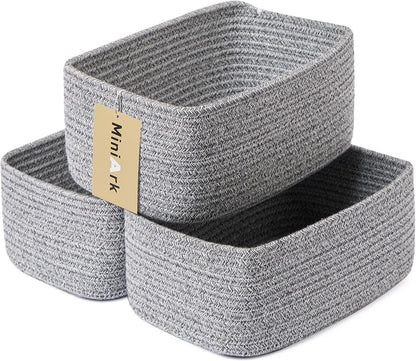 MiniArk Small Storage Baskets for Organizing | Closet Organizer Bins | Shelf Toy Basket | Woven Rope Baskets | Cube Decorative Box | Shallow Basket | 11.5x7.5x4.7” | 3 Packs Light Pink