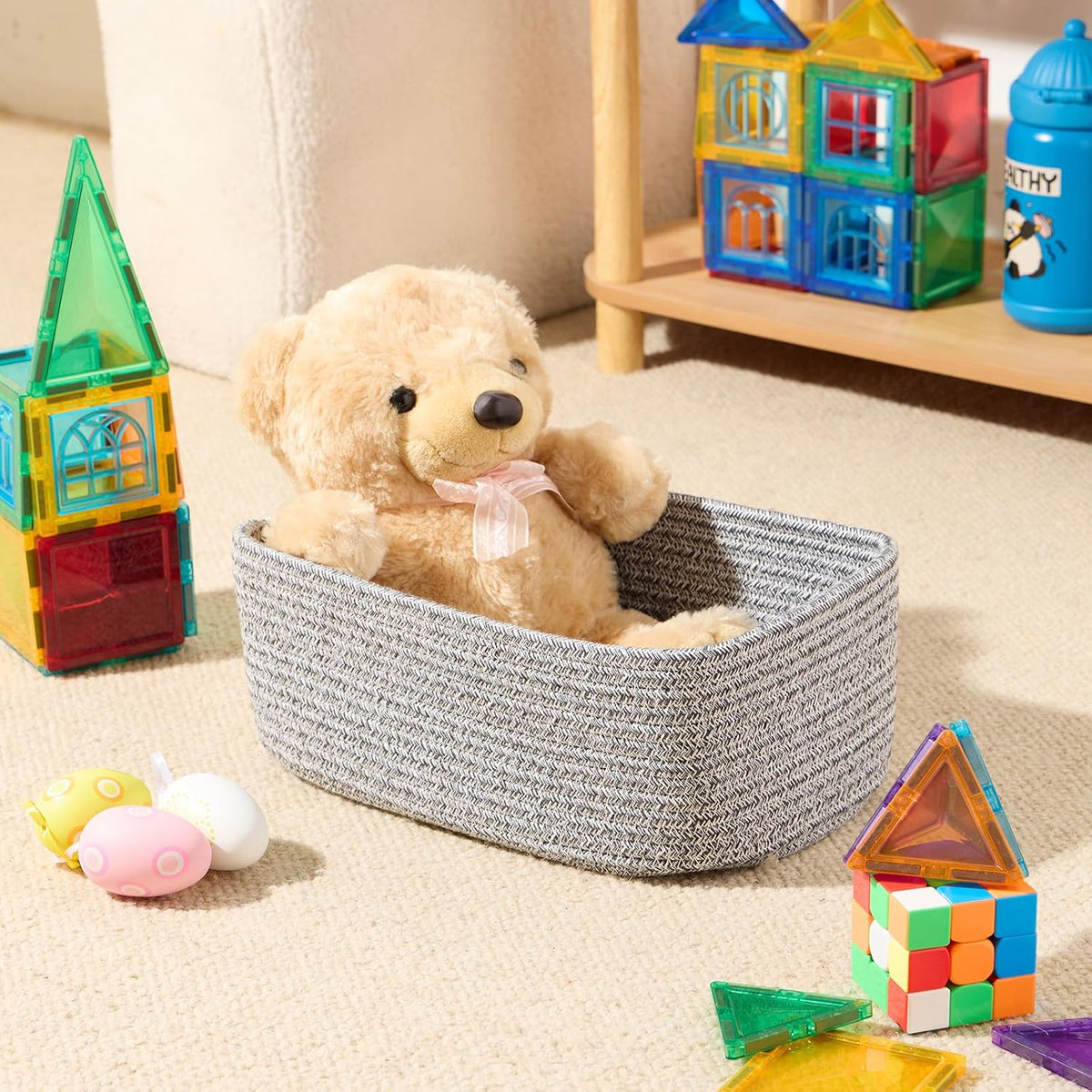 MiniArk Small Storage Baskets for Organizing | Closet Organizer Bins | Shelf Toy Basket | Woven Rope Baskets | Cube Decorative Box | Shallow Basket | 11.5x7.5x4.7” | 3 Packs Light Pink