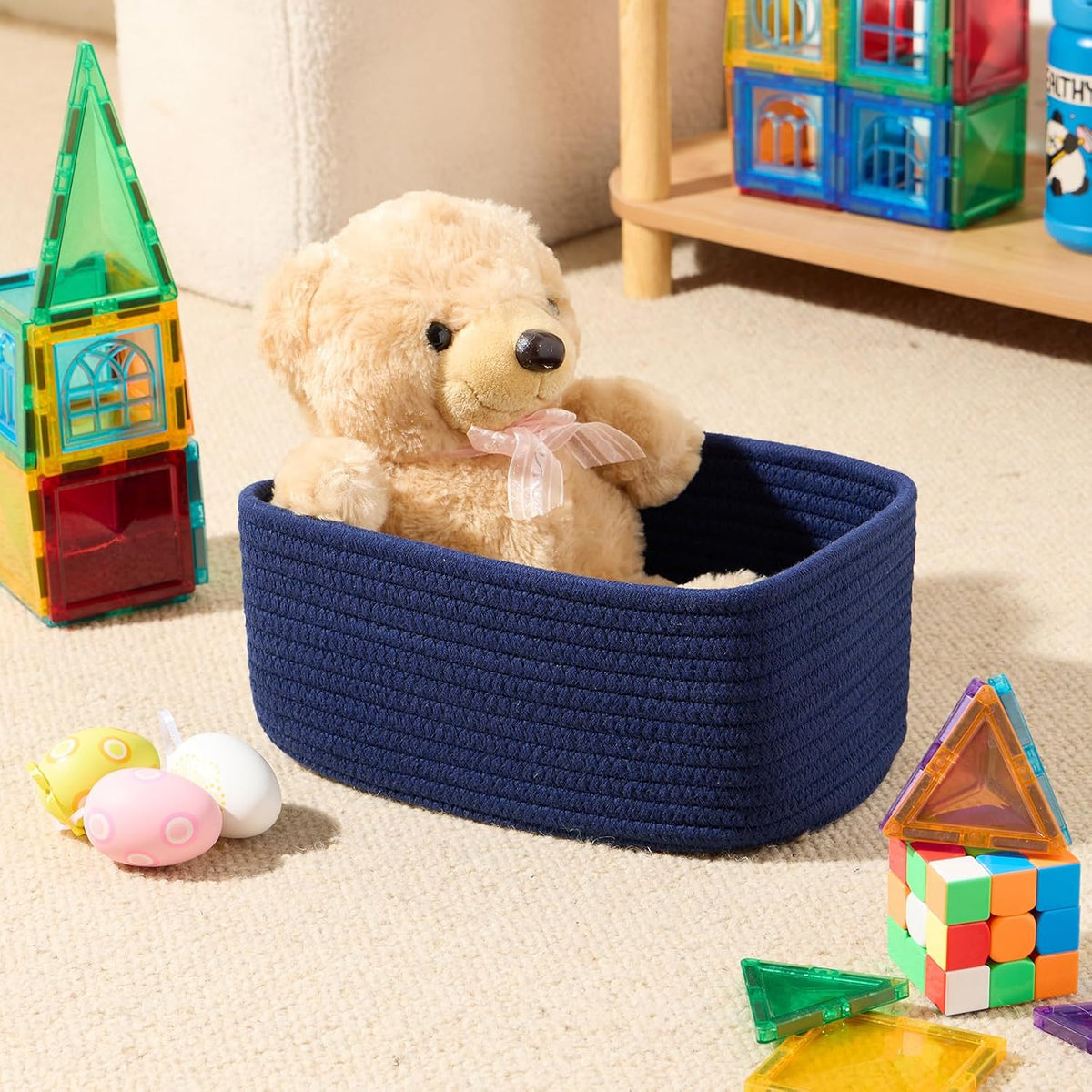 MiniArk Small Storage Baskets for Organizing | Closet Organizer Bins | Shelf Toy Basket | Woven Rope Baskets | Cube Decorative Box | Shallow Basket | 11.5x7.5x4.7” | 3 Packs Light Pink