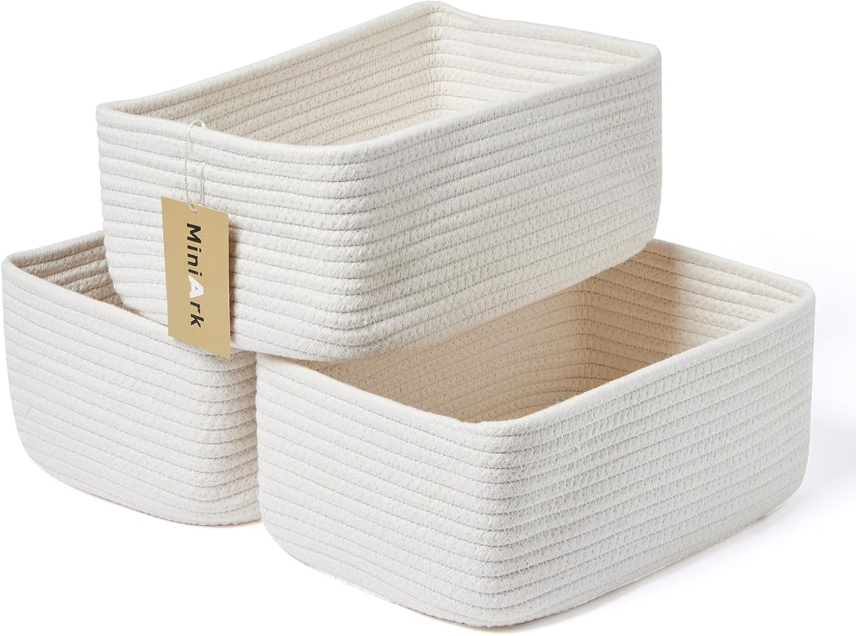 MiniArk Small Storage Baskets for Organizing | Closet Organizer Bins | Shelf Toy Basket | Woven Rope Baskets | Cube Decorative Box | Shallow Basket | 11.5x7.5x4.7” | 3 Packs Light Pink