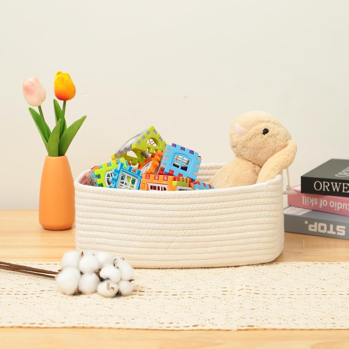 MiniArk Small Storage Baskets for Organizing | Closet Organizer Bins | Shelf Toy Basket | Woven Rope Baskets | Cube Decorative Box | Shallow Basket | 11.5x7.5x4.7” | 3 Packs Light Pink