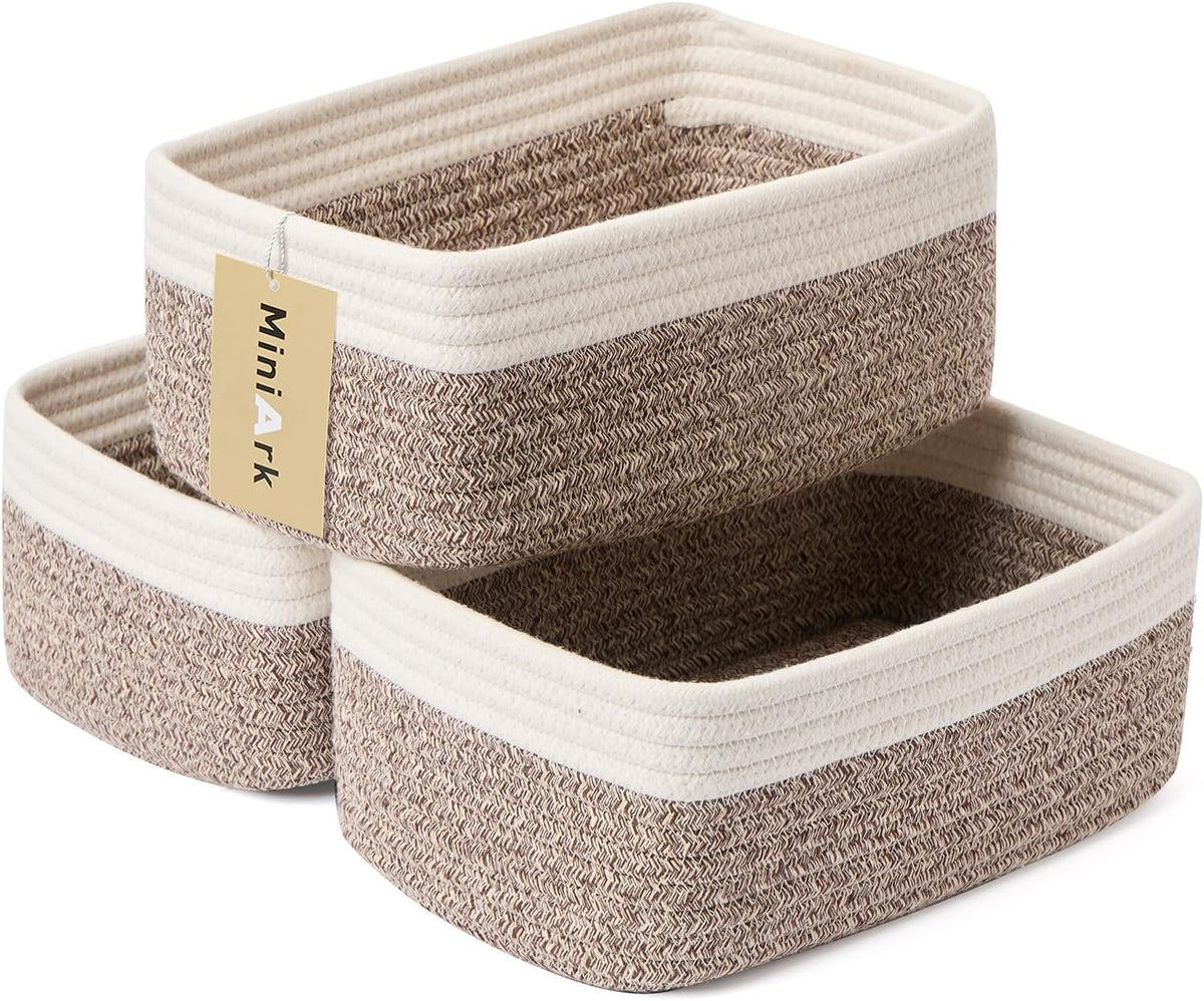 MiniArk Small Storage Baskets for Organizing | Closet Organizer Bins | Shelf Toy Basket | Woven Rope Baskets | Cube Decorative Box | Shallow Basket | 11.5x7.5x4.7” | 3 Packs Light Pink