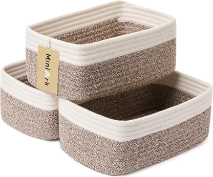 MiniArk Small Storage Baskets for Organizing | Closet Organizer Bins | Shelf Toy Basket | Woven Rope Baskets | Cube Decorative Box | Shallow Basket | 11.5x7.5x4.7” | 3 Packs Light Pink
