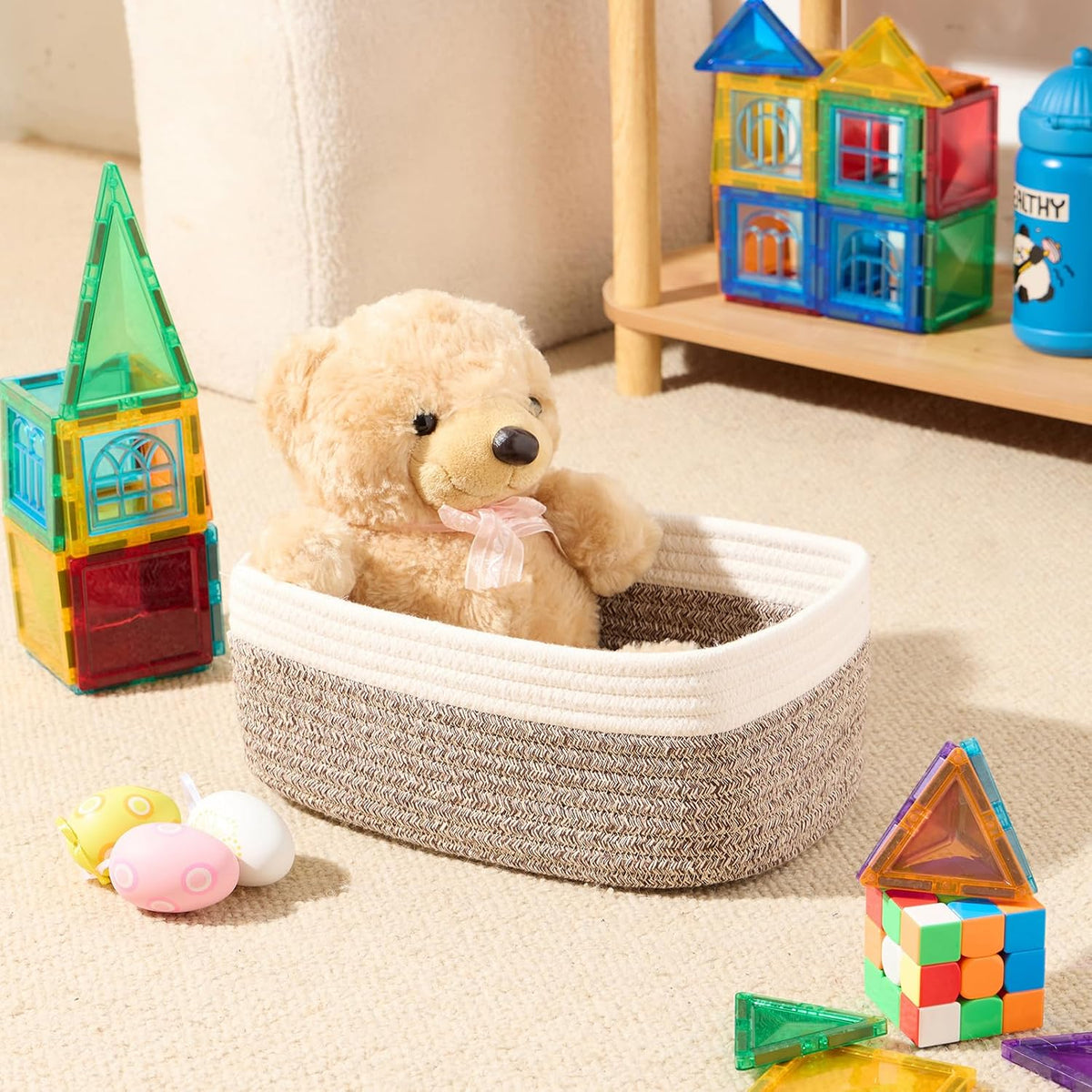 MiniArk Small Storage Baskets for Organizing | Closet Organizer Bins | Shelf Toy Basket | Woven Rope Baskets | Cube Decorative Box | Shallow Basket | 11.5x7.5x4.7” | 3 Packs Light Pink