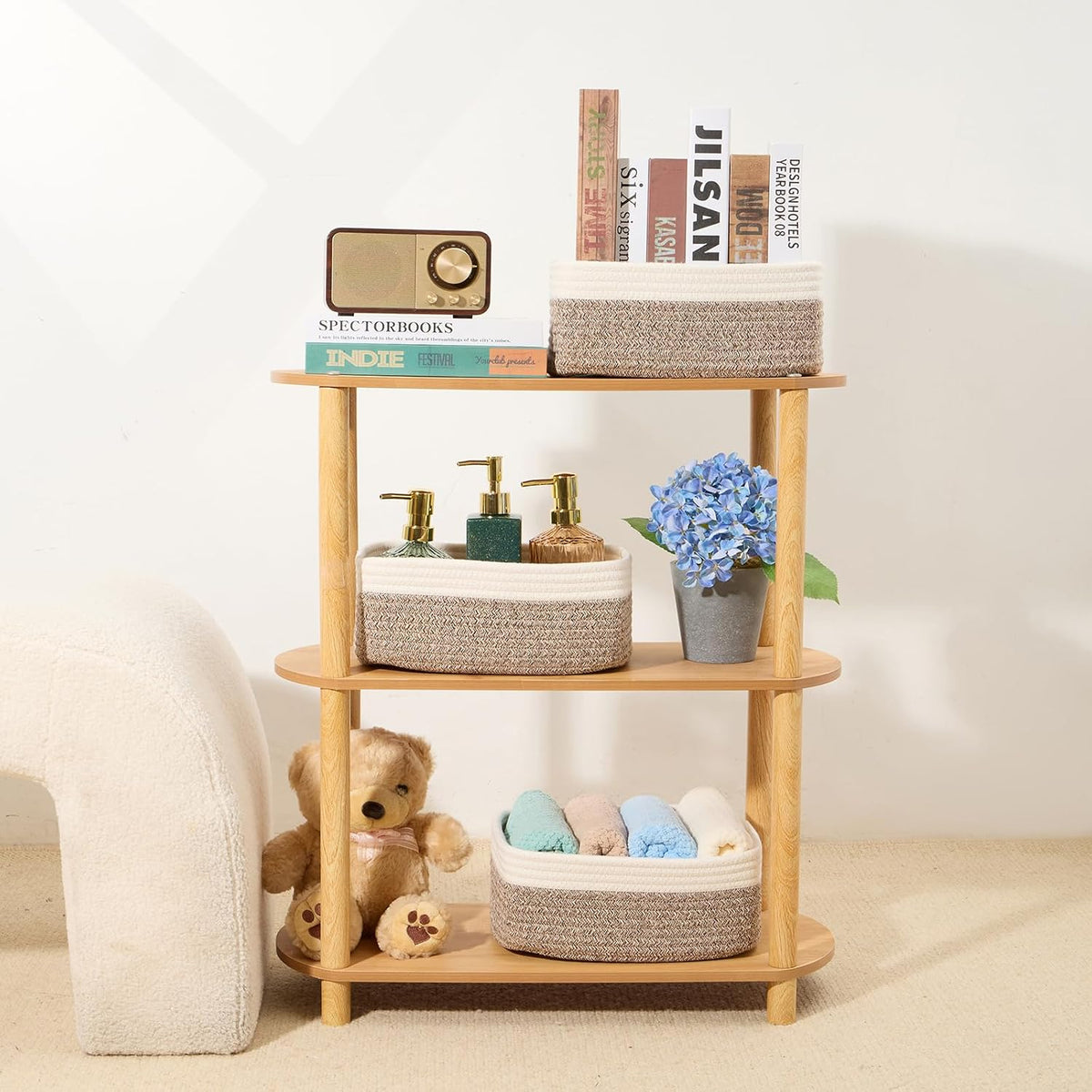 MiniArk Small Storage Baskets for Organizing | Closet Organizer Bins | Shelf Toy Basket | Woven Rope Baskets | Cube Decorative Box | Shallow Basket | 11.5x7.5x4.7” | 3 Packs Light Pink