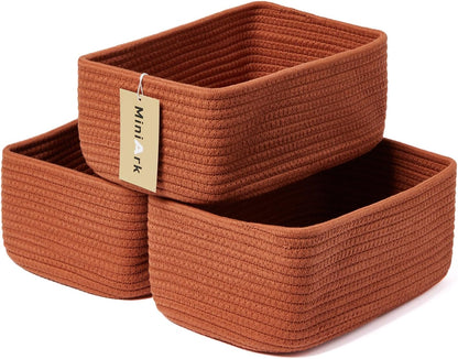 MiniArk Small Storage Baskets for Organizing | Closet Organizer Bins | Shelf Toy Basket | Woven Rope Baskets | Cube Decorative Box | Shallow Basket | 11.5x7.5x4.7” | 3 Packs Light Pink