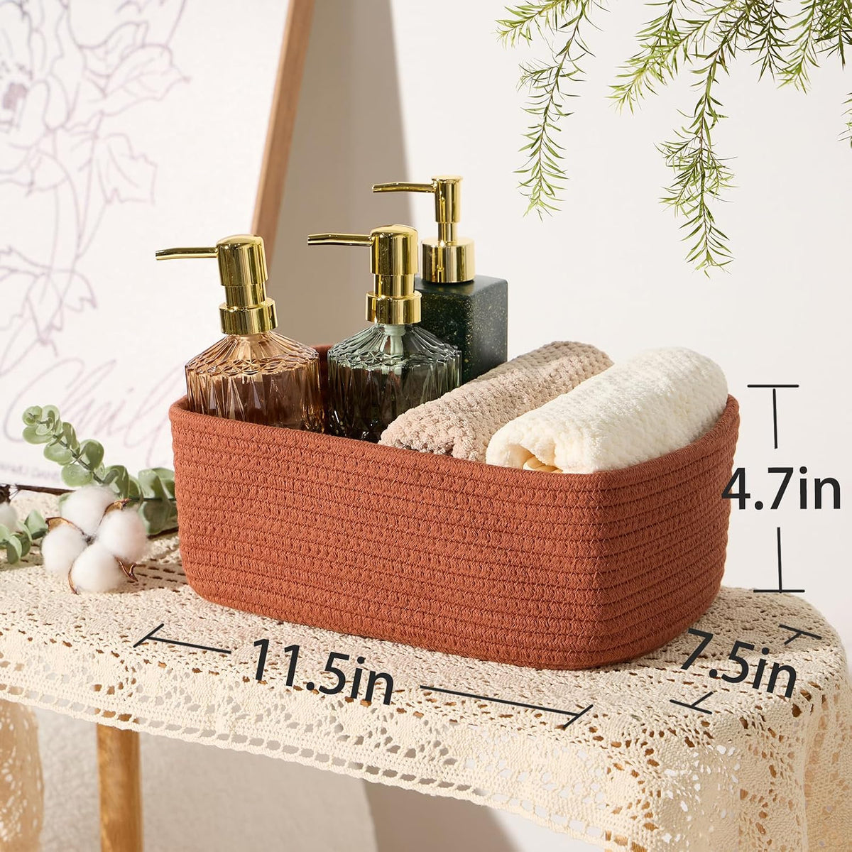 MiniArk Small Storage Baskets for Organizing | Closet Organizer Bins | Shelf Toy Basket | Woven Rope Baskets | Cube Decorative Box | Shallow Basket | 11.5x7.5x4.7” | 3 Packs Light Pink