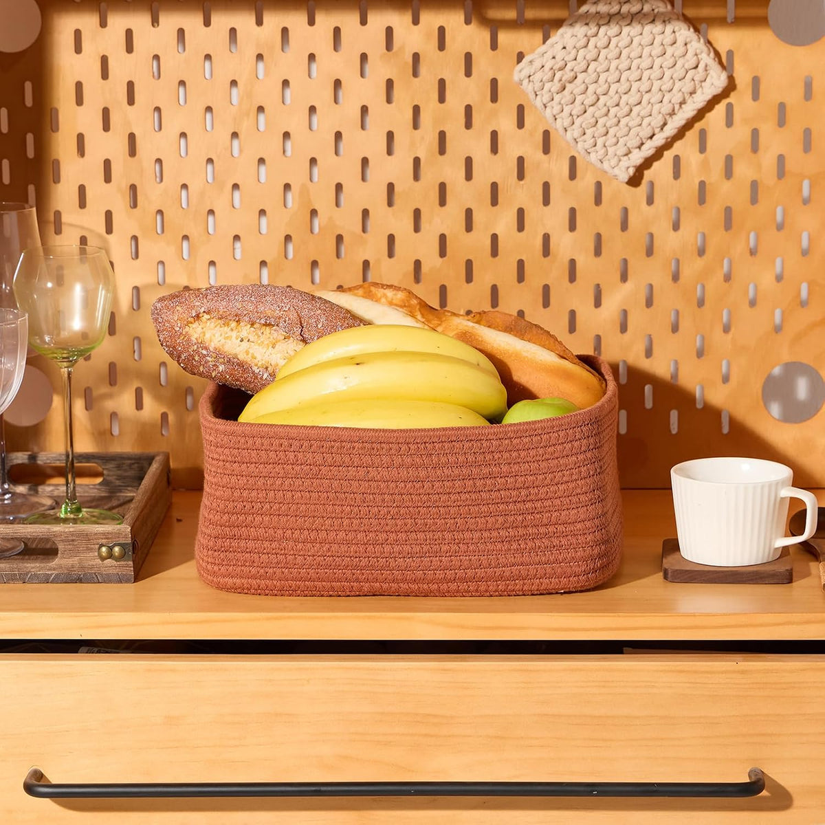 MiniArk Small Storage Baskets for Organizing | Closet Organizer Bins | Shelf Toy Basket | Woven Rope Baskets | Cube Decorative Box | Shallow Basket | 11.5x7.5x4.7” | 3 Packs Light Pink