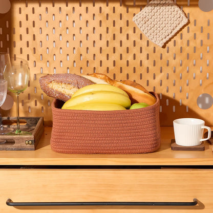 MiniArk Small Storage Baskets for Organizing | Closet Organizer Bins | Shelf Toy Basket | Woven Rope Baskets | Cube Decorative Box | Shallow Basket | 11.5x7.5x4.7” | 3 Packs Light Pink