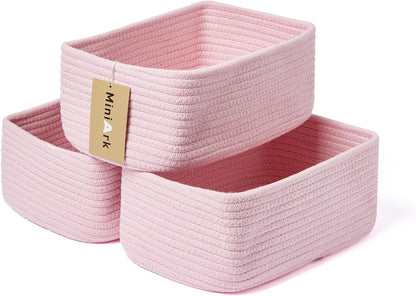MiniArk Small Storage Baskets for Organizing | Closet Organizer Bins | Shelf Toy Basket | Woven Rope Baskets | Cube Decorative Box | Shallow Basket | 11.5x7.5x4.7” | 3 Packs Light Pink
