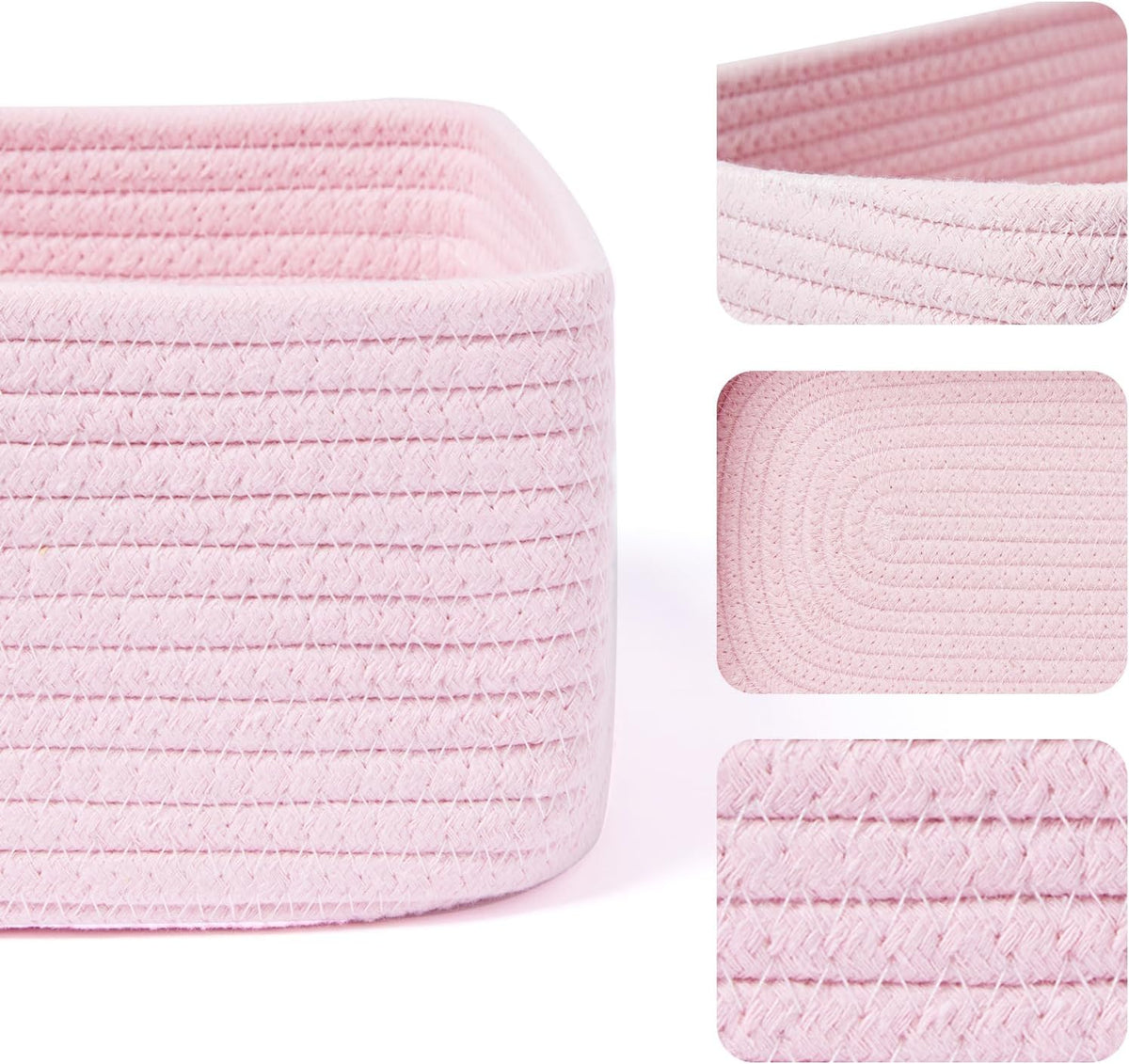 MiniArk Small Storage Baskets for Organizing | Closet Organizer Bins | Shelf Toy Basket | Woven Rope Baskets | Cube Decorative Box | Shallow Basket | 11.5x7.5x4.7” | 3 Packs Light Pink
