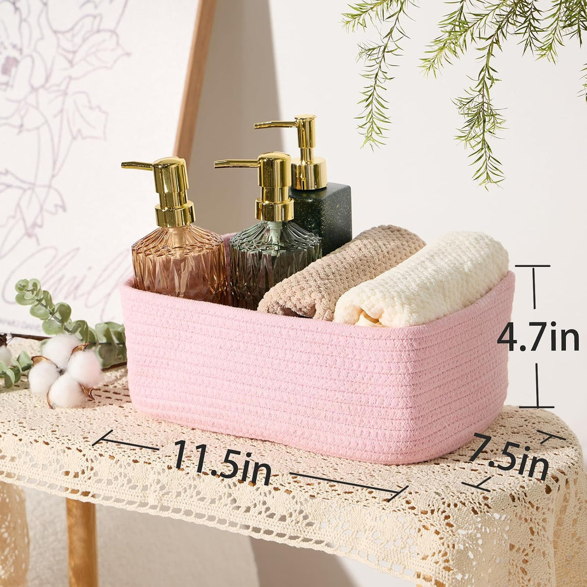 MiniArk Small Storage Baskets for Organizing | Closet Organizer Bins | Shelf Toy Basket | Woven Rope Baskets | Cube Decorative Box | Shallow Basket | 11.5x7.5x4.7” | 3 Packs Light Pink