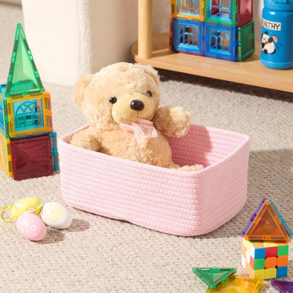 MiniArk Small Storage Baskets for Organizing | Closet Organizer Bins | Shelf Toy Basket | Woven Rope Baskets | Cube Decorative Box | Shallow Basket | 11.5x7.5x4.7” | 3 Packs Light Pink