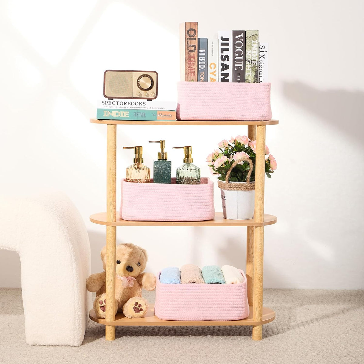 MiniArk Small Storage Baskets for Organizing | Closet Organizer Bins | Shelf Toy Basket | Woven Rope Baskets | Cube Decorative Box | Shallow Basket | 11.5x7.5x4.7” | 3 Packs Light Pink