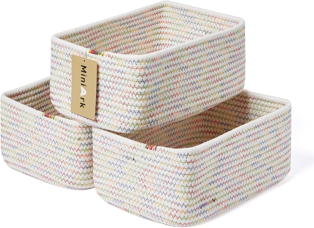MiniArk Small Storage Baskets for Organizing | Closet Organizer Bins | Shelf Toy Basket | Woven Rope Baskets | Cube Decorative Box | Shallow Basket | 11.5x7.5x4.7” | 3 Packs Light Pink