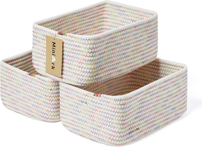MiniArk Small Storage Baskets for Organizing | Closet Organizer Bins | Shelf Toy Basket | Woven Rope Baskets | Cube Decorative Box | Shallow Basket | 11.5x7.5x4.7” | 3 Packs Light Pink