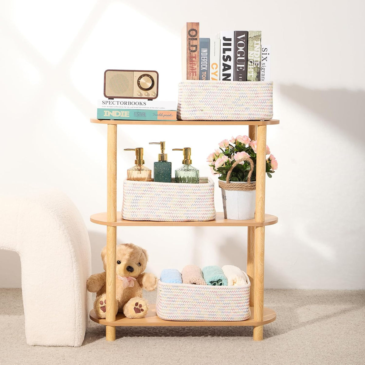 MiniArk Small Storage Baskets for Organizing | Closet Organizer Bins | Shelf Toy Basket | Woven Rope Baskets | Cube Decorative Box | Shallow Basket | 11.5x7.5x4.7” | 3 Packs Light Pink
