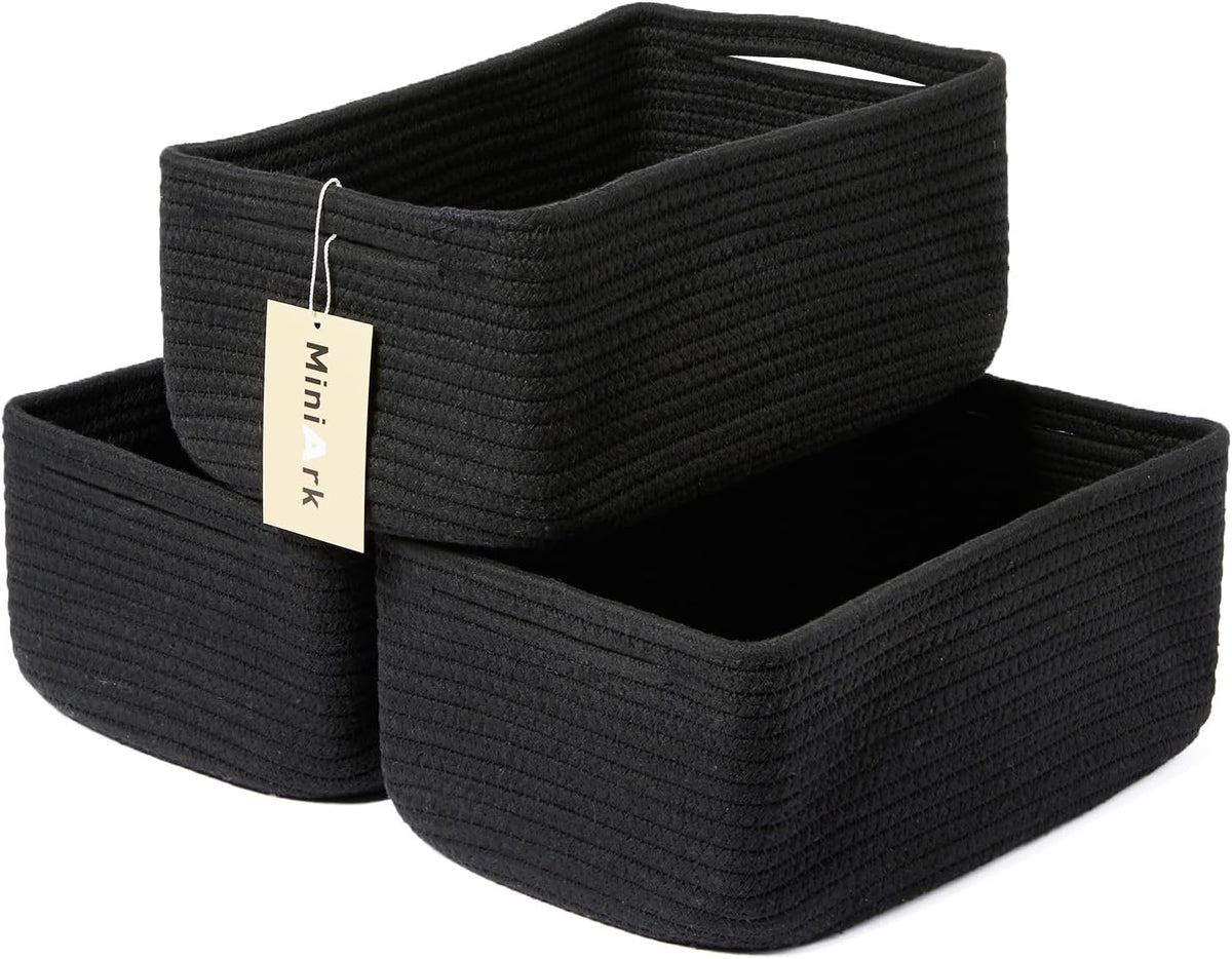 MiniArk Small Storage Baskets for Organizing | Closet Organizer Bins | Shelf Toy Basket | Woven Rope Baskets | Cube Decorative Box | Shallow Basket | 11.5x7.5x4.7” | 3 Packs Light Pink