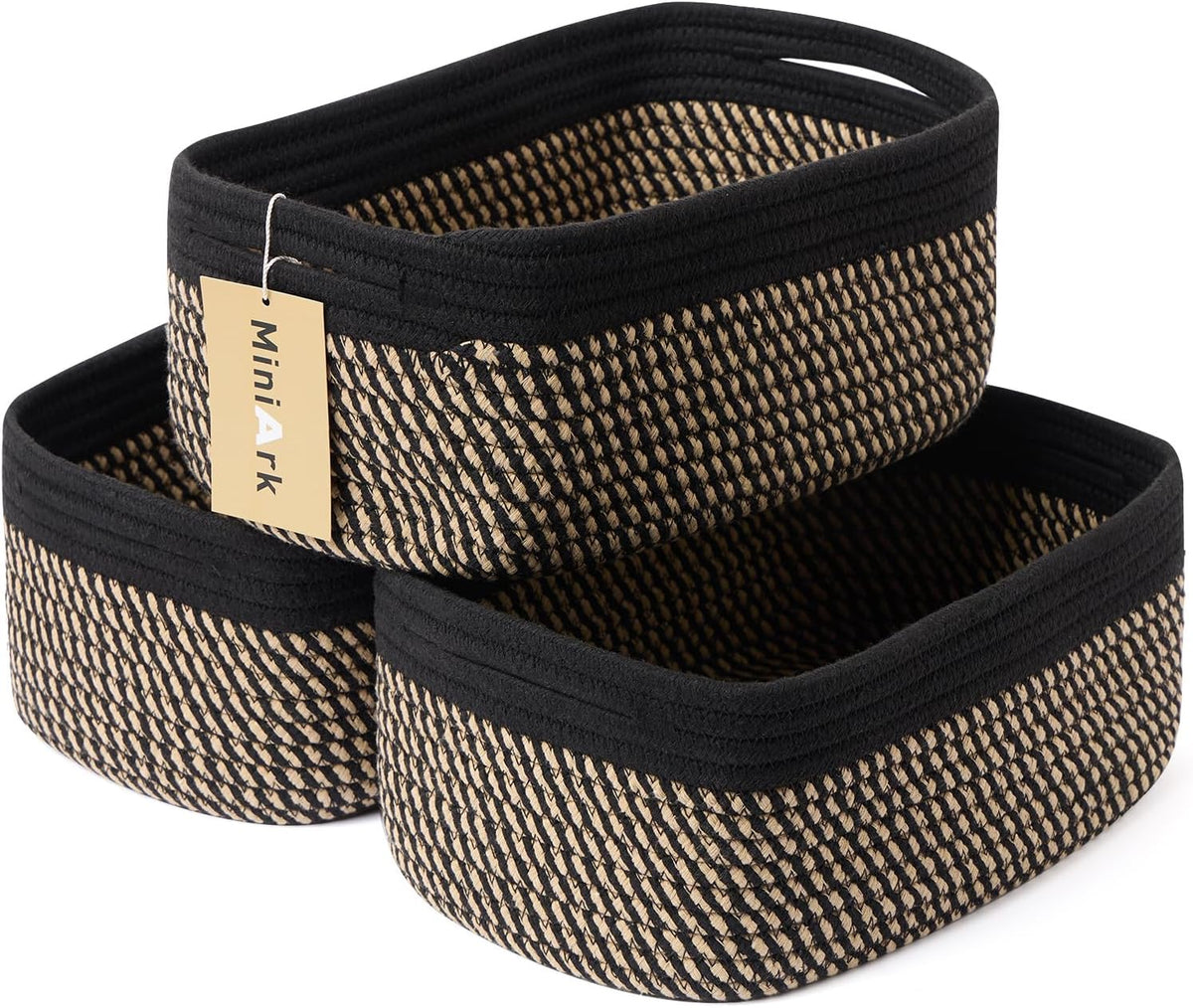 MiniArk Small Storage Baskets for Organizing | Closet Organizer Bins | Shelf Toy Basket | Woven Rope Baskets | Cube Decorative Box | Shallow Basket | 11.5x7.5x4.7” | 3 Packs Light Pink