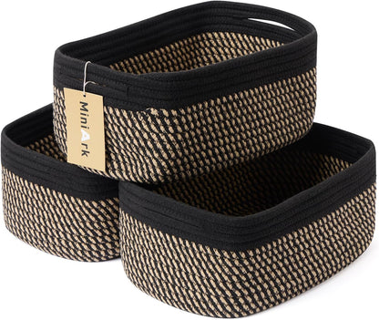 MiniArk Small Storage Baskets for Organizing | Closet Organizer Bins | Shelf Toy Basket | Woven Rope Baskets | Cube Decorative Box | Shallow Basket | 11.5x7.5x4.7” | 3 Packs Light Pink