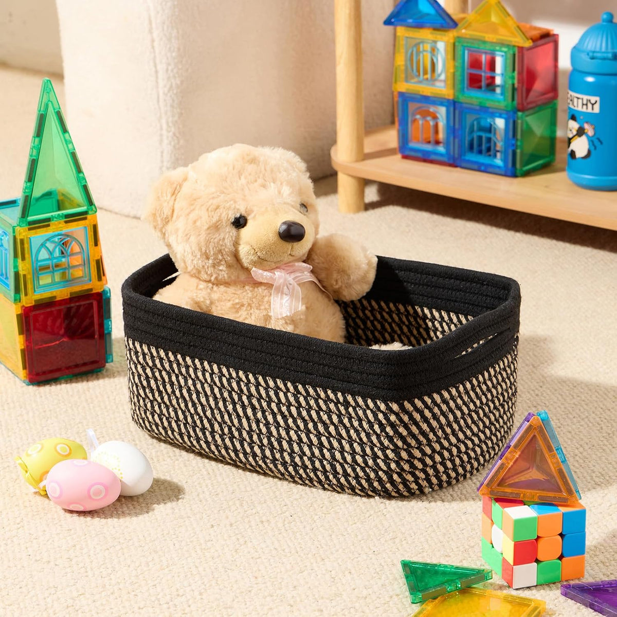 MiniArk Small Storage Baskets for Organizing | Closet Organizer Bins | Shelf Toy Basket | Woven Rope Baskets | Cube Decorative Box | Shallow Basket | 11.5x7.5x4.7” | 3 Packs Light Pink